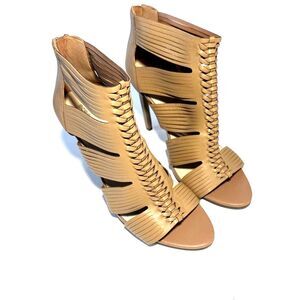 BCBGeneration Women's 10 Tan Caged Ankle Leather Zipper Heels Sexy Party Wedding